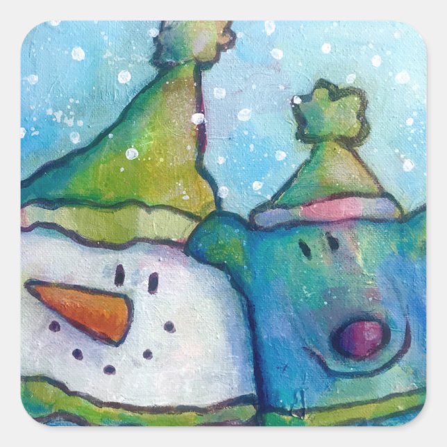 Whimsical snowman and dog sticker (Front)