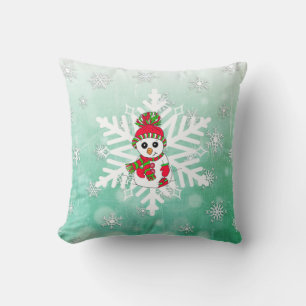Whimsical Snowman and Snowflake Holiday Decor Throw Pillow