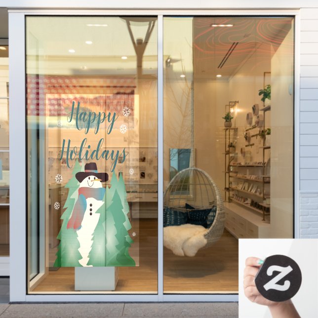 Whimsical Snowman And Trees Window Cling (Store Window)