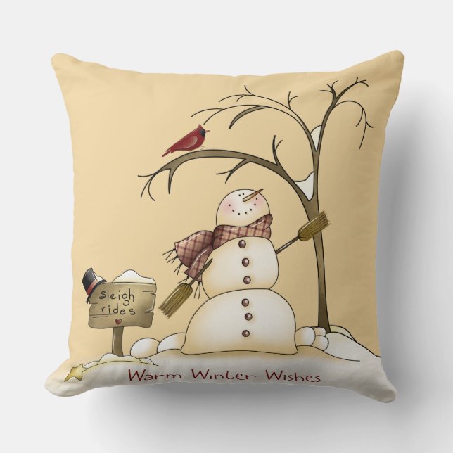 Whimsical Snowman Cardinal Sleigh Snow Tree Throw Pillow (Front)