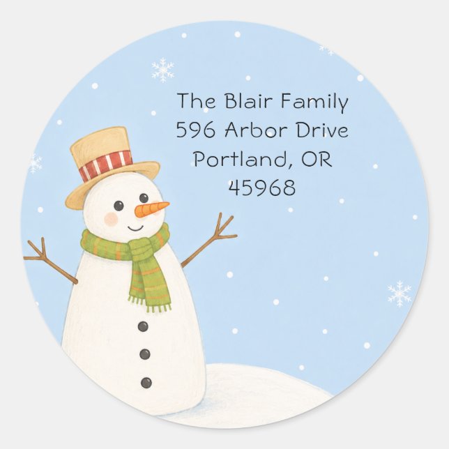 Whimsical Snowman Christmas Return Address Sticker (Front)