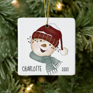 Whimsical Snowman Custom Photo Christmas  Ceramic Ornament