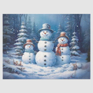 Whimsical Snowman Family in Snowy Landscape Decoup Tissue Paper