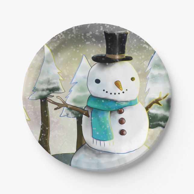 Whimsical Snowman in Winter Christmas Drawing Paper Plate (Front)
