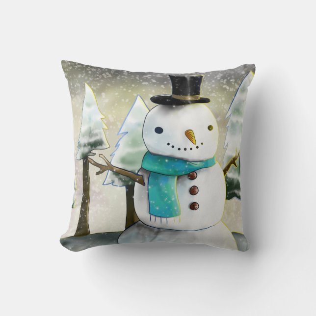 Whimsical Snowman in Winter Christmas Drawing Throw Pillow (Front)