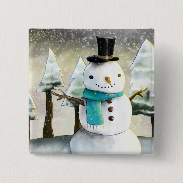 Whimsical Snowman in Winter Christmas Scene 2 Inch Square Button (Front)