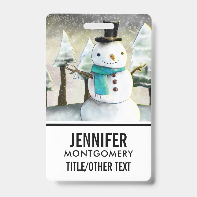 Whimsical Snowman in Winter Christmas Scene Badge (Front)