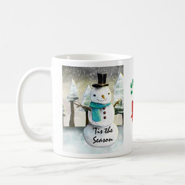 Whimsical Snowman in Winter Christmas Scene Coffee Mug (Left)