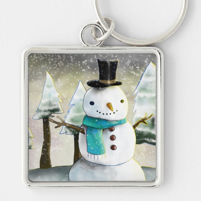 Whimsical Snowman in Winter Christmas Scene Keychain (Front)