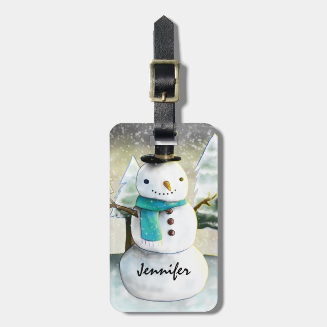 Whimsical Snowman in Winter Christmas Scene Luggage Tag (Front Vertical)