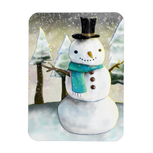 Whimsical Snowman in Winter Christmas Scene Magnet