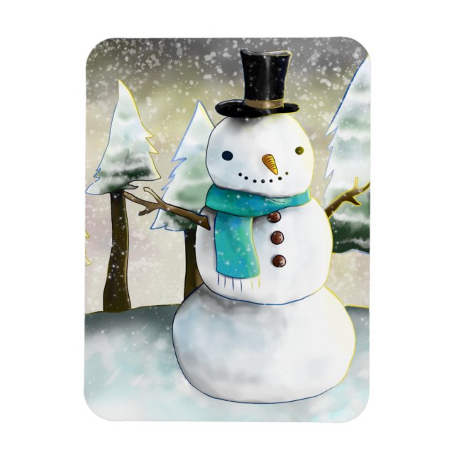 Whimsical Snowman in Winter Christmas Scene Magnet (Vertical)