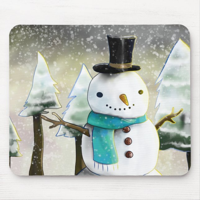Whimsical Snowman in Winter Christmas Scene Mouse Pad (Front)