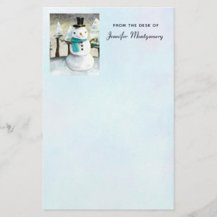 Whimsical Snowman in Winter Christmas Scene Stationery