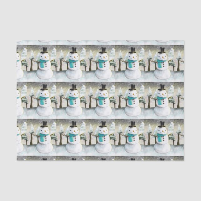 Whimsical Snowman in Winter Christmas Scene Tissue Paper (Front)