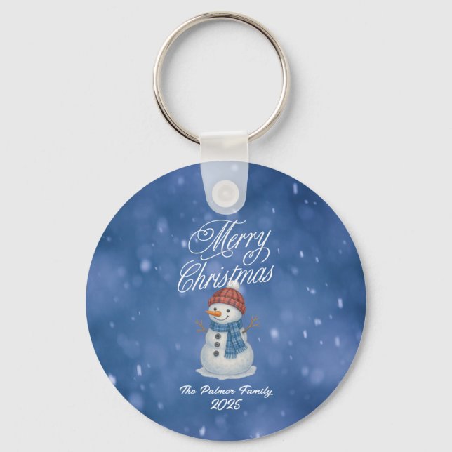 Whimsical Snowman Merry Christmas Keychain (Front)