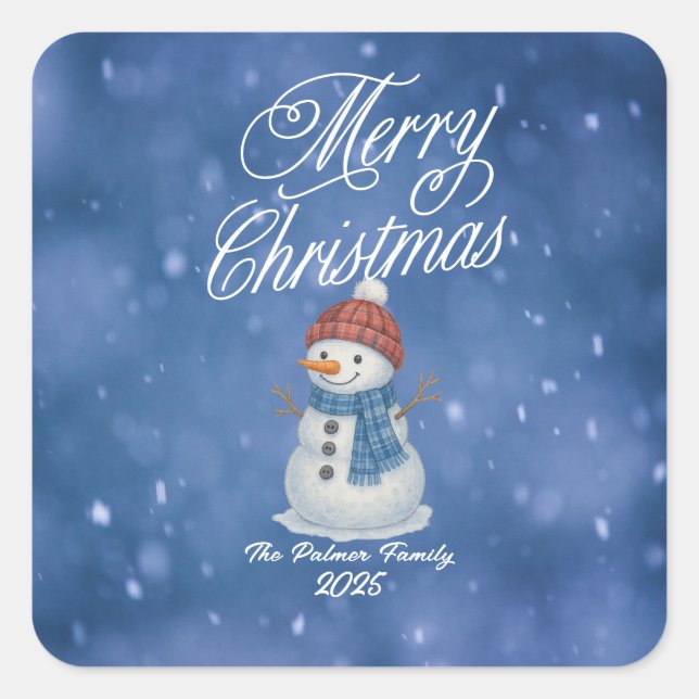 Whimsical Snowman Merry Christmas Square Sticker (Front)