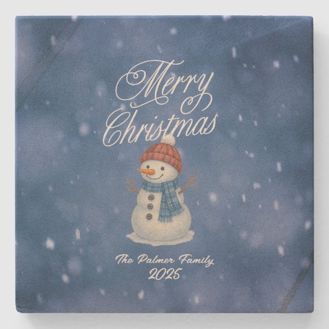 Whimsical Snowman Merry Christmas Stone Coaster (Front)