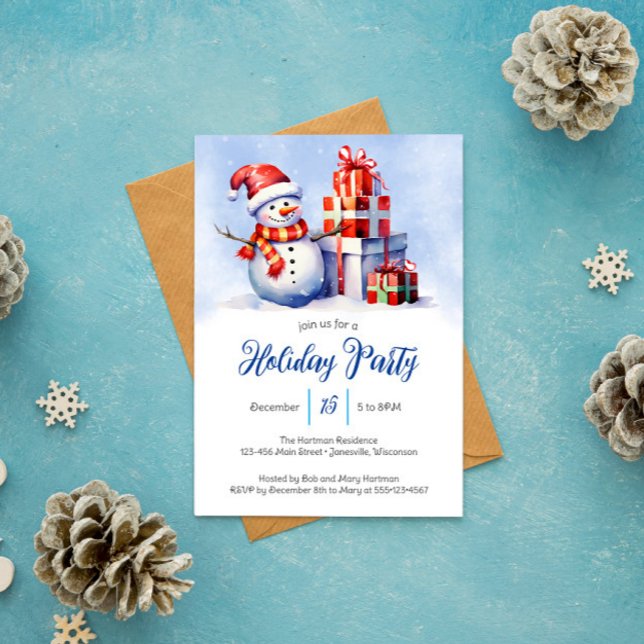 Whimsical Snowman & Presents Holiday Party Card (Creator Uploaded)