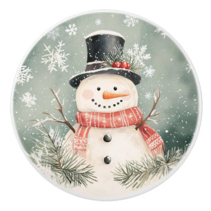Whimsical Snowman Rustic Christmas Illustration Ceramic Knob