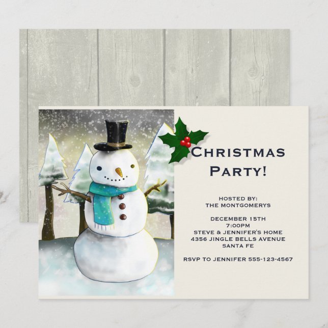 Whimsical Snowman Winter Scene Christmas Party Invitation (Front/Back)