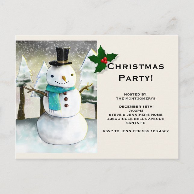 Whimsical Snowman Winter Scene Christmas Party Invitation Postcard (Front)