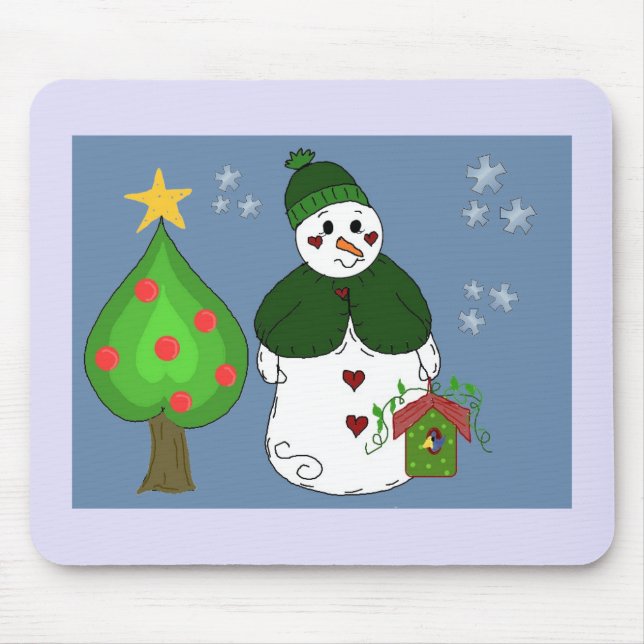 Whimsical Snowman With Birdhouse Mouse Pad (Front)