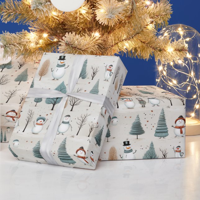 Whimsical Snowmen and Christmas Trees  Wrapping Paper (Holidays)