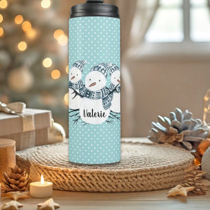 Whimsical Snowmen Trio Winter Polka Dots  Thermal Tumbler
