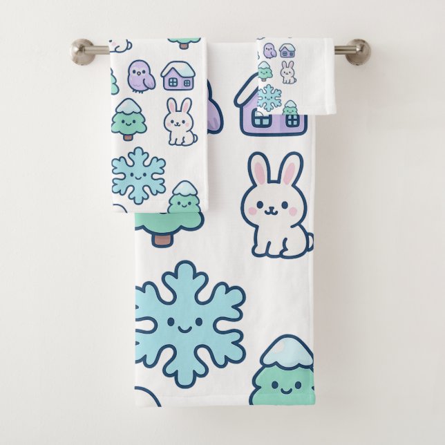 Whimsical Snowy Forest and Cute Creatures Design Bath Towel Set (Insitu)