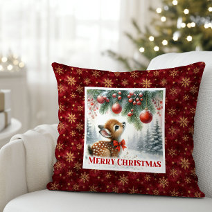 Whimsical snowy forest baby deer festive Christmas Throw Pillow