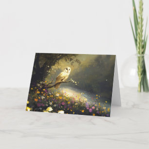 Whimsical Snowy White Owl Wildflowers Art Card