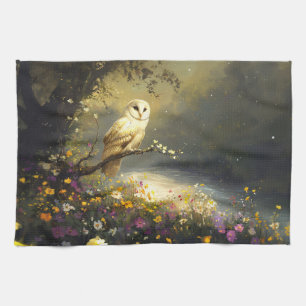 Whimsical Snowy White Owl Wildflowers Art Kitchen Towel