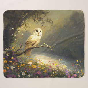 Whimsical Snowy White Owl Wildflowers Art Sherpa Blanket
