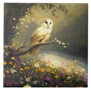 Whimsical Snowy White Owl Wildflowers Art Tile