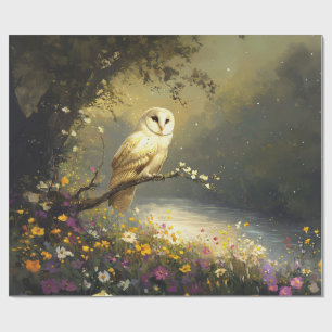 Whimsical Snowy White Owl Wildflowers Decoupage Wrapping Paper