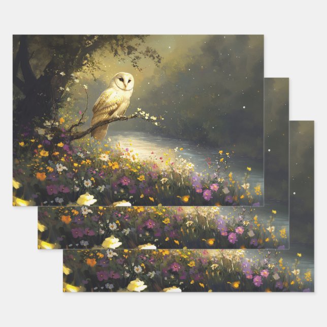 Whimsical Snowy White Owl Wildflowers Decoupage Wrapping Paper Sheet (Set)