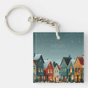 Whimsical Snowy Winter Village Merry Christmas Keychain