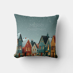 Whimsical Snowy Winter Village Merry Christmas Throw Pillow