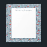 Whimsical Snowy Woodland Foxes Bird Nordic Pattern Notepad<br><div class="desc">Modern Nordic Scandi style pattern of painted whimsical woodland winter with foxes and winter birds: snow owls and bullfinches, in neutral tones of blue, red, and white, with dark grey trees and branches.</div>