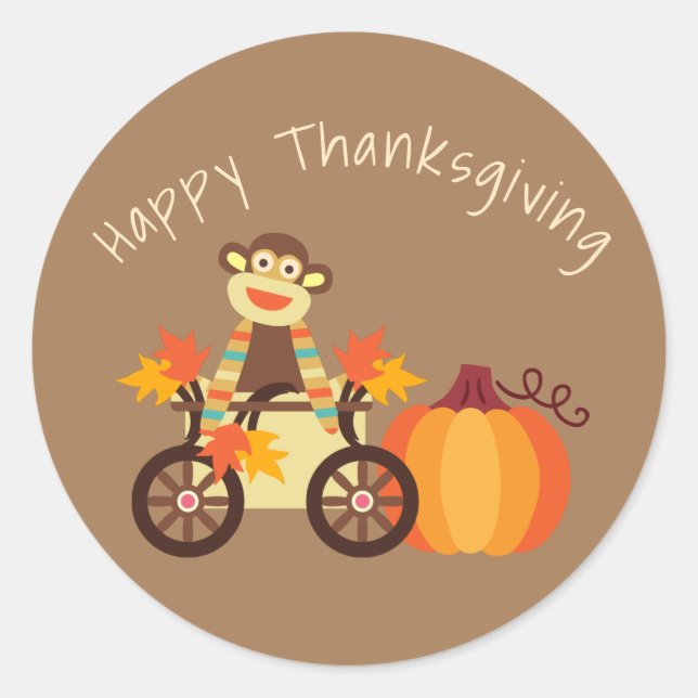 Whimsical Sock Monkey Thanksgiving  Classic Round Sticker (Front)
