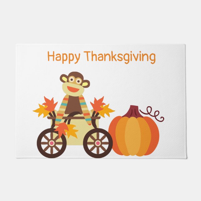 Whimsical Sock Monkey Thanksgiving Doormat (Front)
