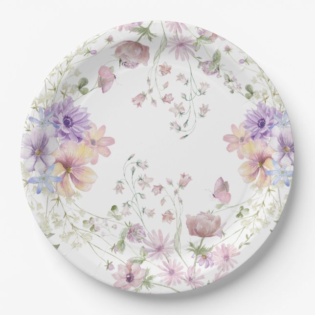 Whimsical Soft Wildflowers Cottage Garden Wedding  Paper Plate (Front)