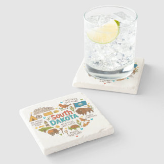 Whimsical South Dakota Retro Travel Icons Stone Coaster