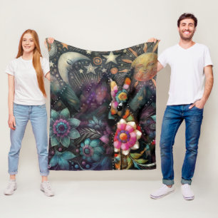 Whimsical Southwest Coyote Animal Floral Sun Moon Fleece Blanket