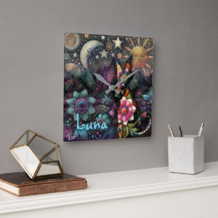 Whimsical Southwest Coyote Animal Personalized Square Wall Clock