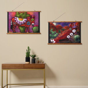Whimsical Southwest Donkey & Bird Red Green Hanging Tapestry