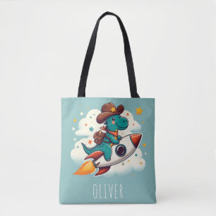 Whimsical Space Cowboy Dinosaur Riding Rocket Tote Bag