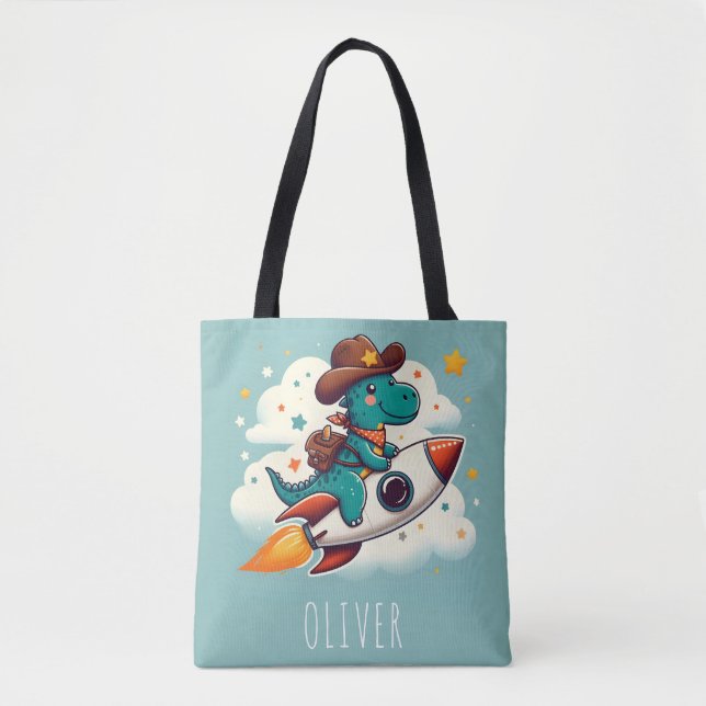 Whimsical Space Cowboy Dinosaur Riding Rocket  Tote Bag (Front)