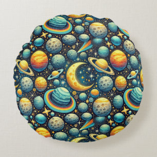 Whimsical space scene round pillow